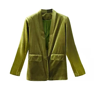 green blazer Осенний женский модный бархатный костюм, Корейская шаль блейзеры с воротом+ свободные расклешенные штаны комплект из 2 предметов зеленый черный jc3376 - Цвет: green blazer
