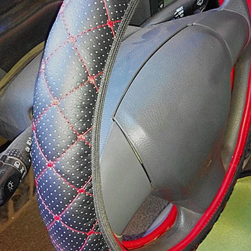 

38 cm PU Leather Car Steering Wheel Cover Anti-slip Car Steering-Wheel Braid Stitch On Wrap With Needle Thread