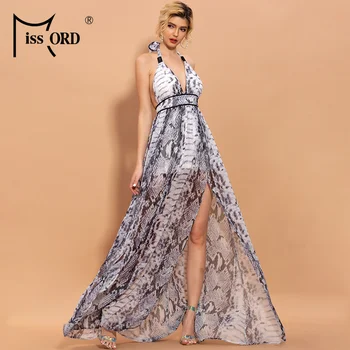 

Missord 2020 Spring Summer Halter Deep V Neck Backless Women Dress Animal Print Off the Shoulder Chiffon Female Dresses FT9322