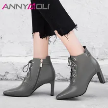 ANNYMOLI Autumn Ankle Boots Women Natural Genuine Leather Thick High Heel Short Boots Zipper Square Toe Shoes Lady Winter 34-39