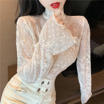 

Women Sweet Thin Lace Blouses Full Sleeve Transparent Shirts Female Solid Elegant White Blouse Shirts Tops For Girls