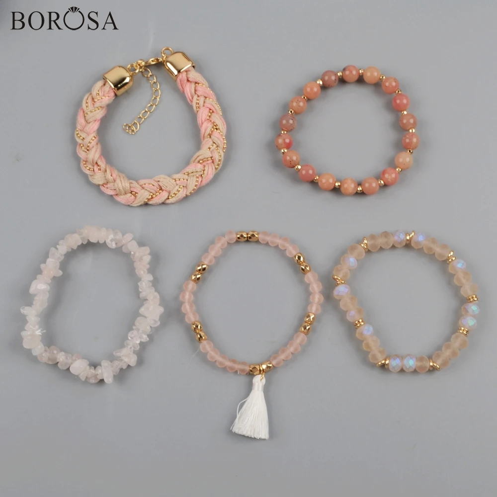 BOROSA 5 Комплекты с браслетом наборы(5 шт./компл. браслеты) светло-розовые бусины из нефрита AB покрытие стеклянная бусина фасетчатые украшения WX1186