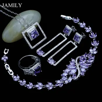 

Fashion 925 Sterling Silver Bridal Jewelry Sets Purple Crystal Fashion Long Earrings/Ring/Necklace/Bracelet Set For Women