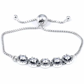 

New 925 Sterling Silver Bracelet Round Crystal Sparkle Slider Clasp Adjust Bracelet Bangle Fit Bead Charm Diy Fine Jewelry