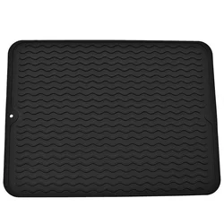 Large Silicone Dish Drying and Countertop Mat, 40 x 30cm - Versatile Sink and Trivet Protector - Rectangular (Black)