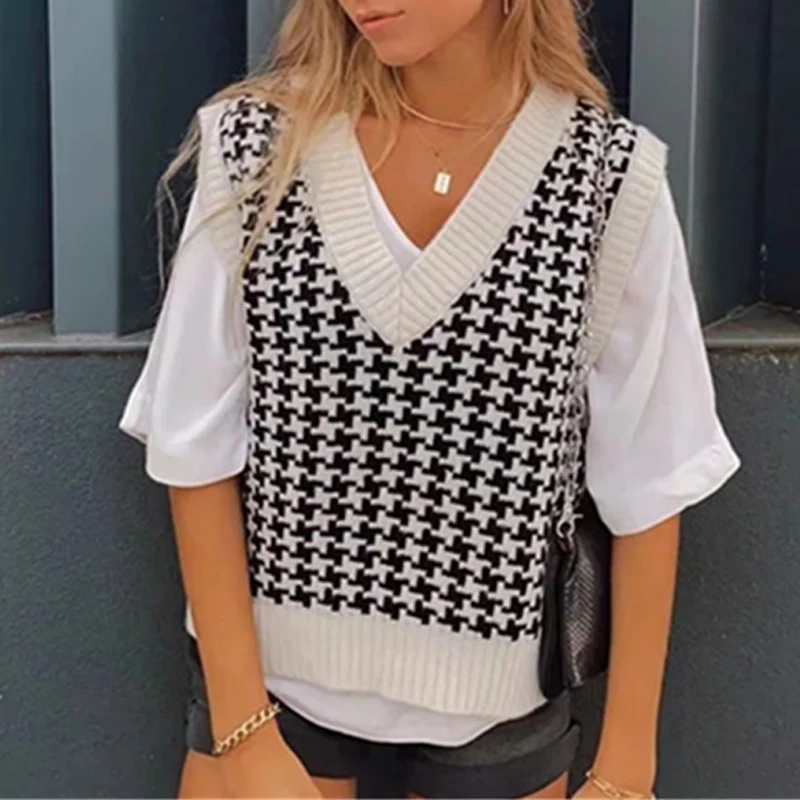 Casual Plaid Houndstooth V Neck Sweater Vest Women Sleeveless Pullover Autumn Winter Ladies Knitted Tank Jumpers Streetwear 2020 | Женская
