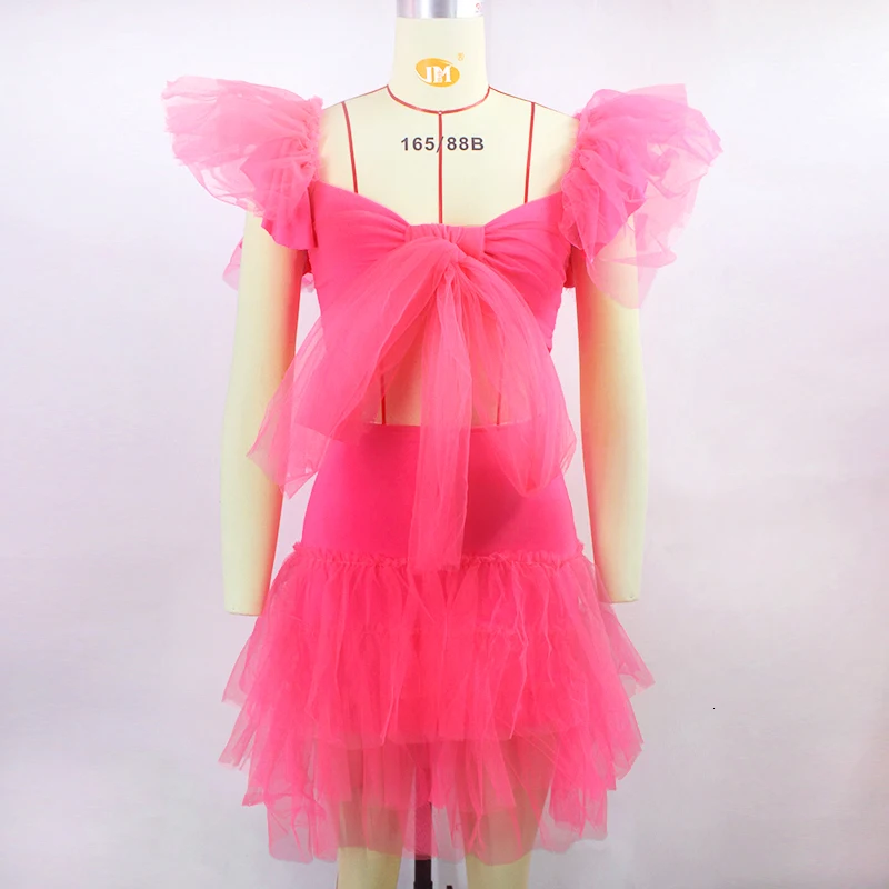 Slaygirl, розовый кружевной Женский комплект 2 шт. с оборками, сетчатый сексуальный комплект с открытыми плечами, короткий топ и костюм с короткой юбкой, летний комплект из двух предметов