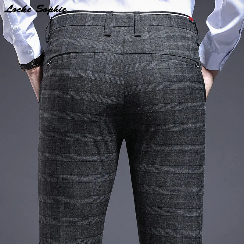 Men's high waist Pencil pants trousers Autumn cotton blend plaid Splicing elastic suit pants men Skinny business trousers