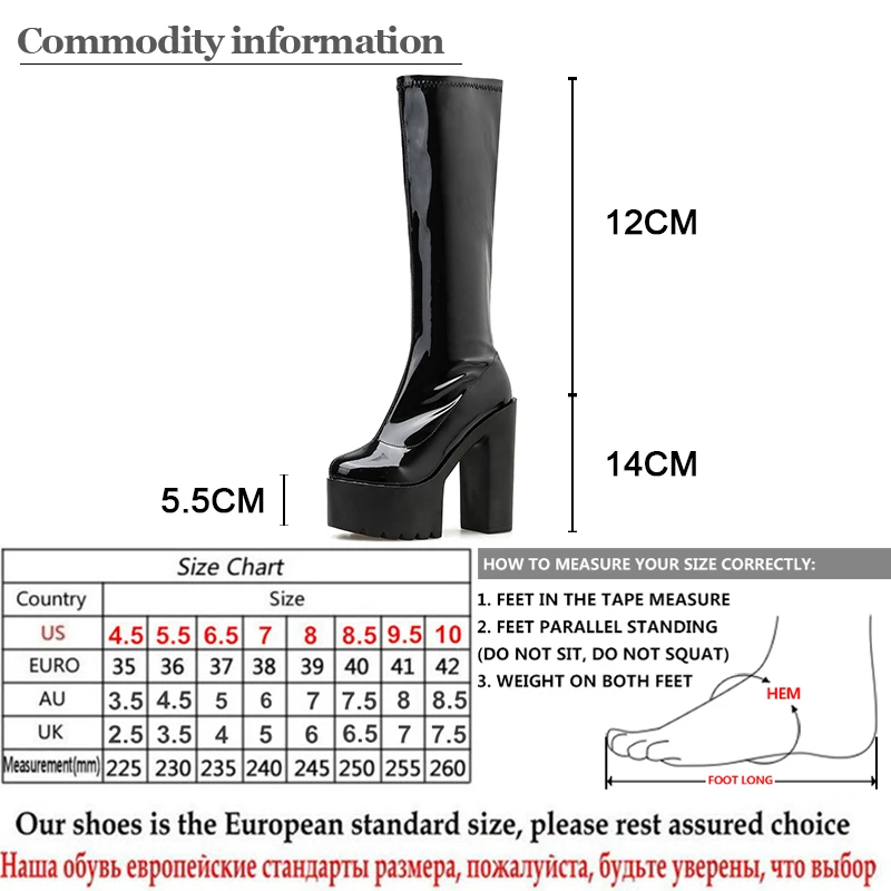 Gdgydh/осенне-зимние черные сапоги из лакированной кожи женские сапоги до середины икры на платформе и высоком каблуке с молнией, Прямая