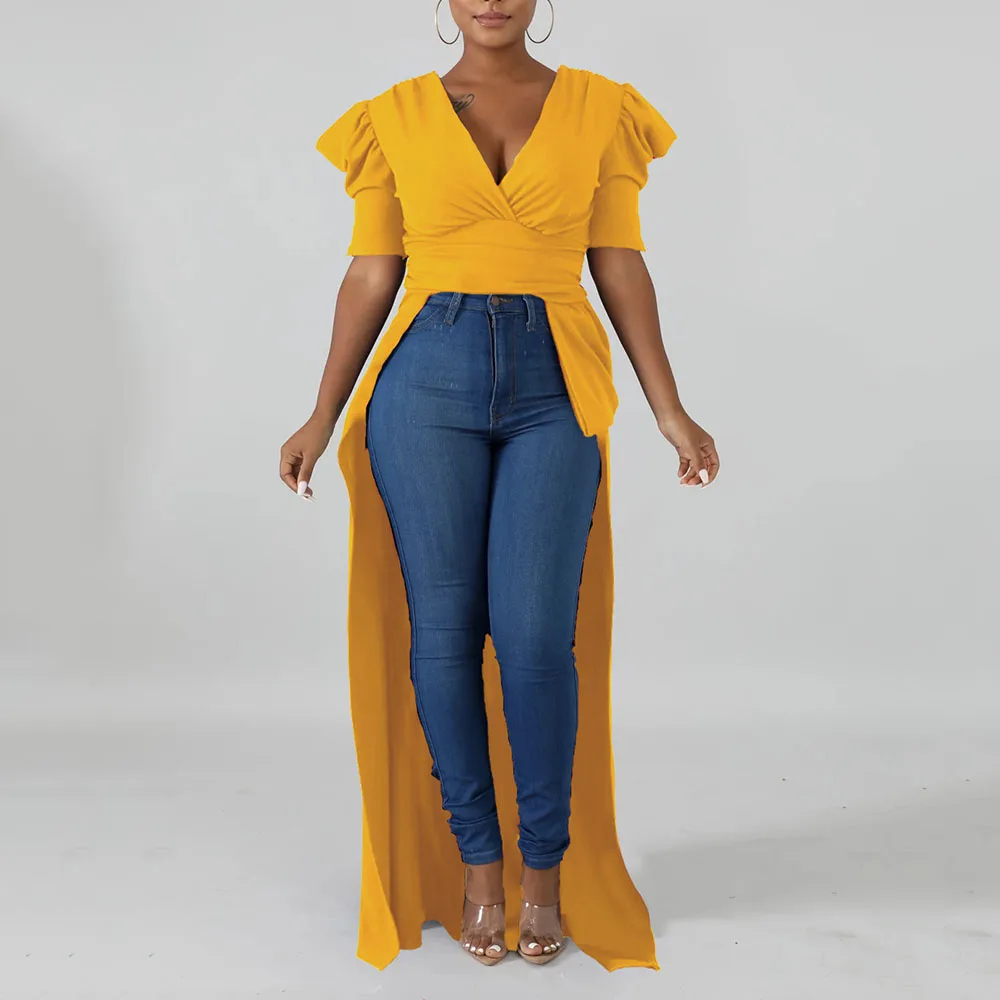 Women Petal Sleeve Front Short Back Long Top V-Neck Floor-Length Hem Tunic Lady Asymmetrical Casual Shirt |