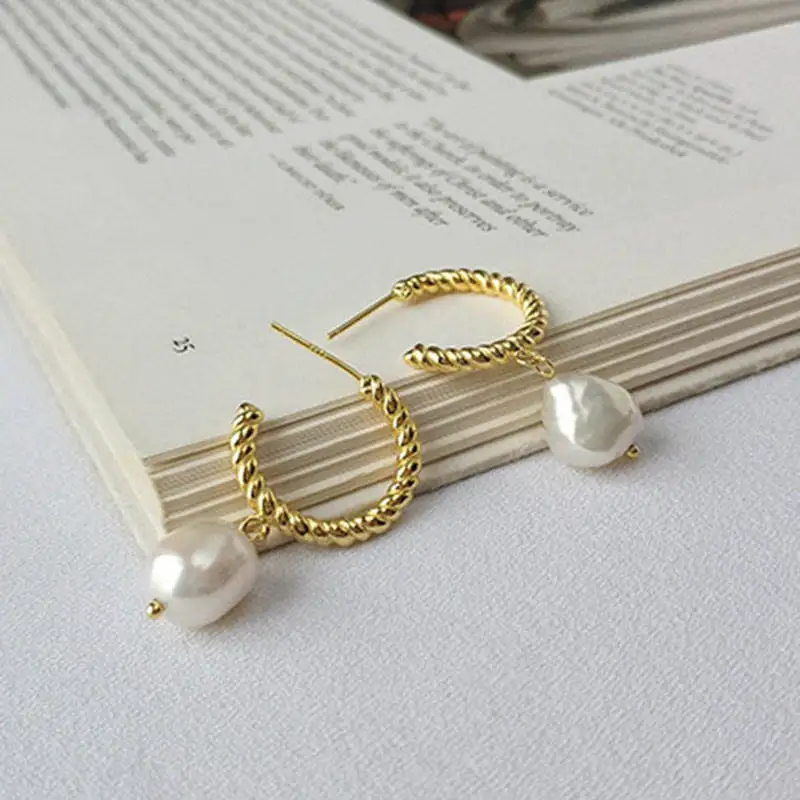 INZATT Real 925 Sterling Silver Geometric Baroque Pearl Drop Earrings For Fashion Women Party Cute Fine Jewelry Accessories