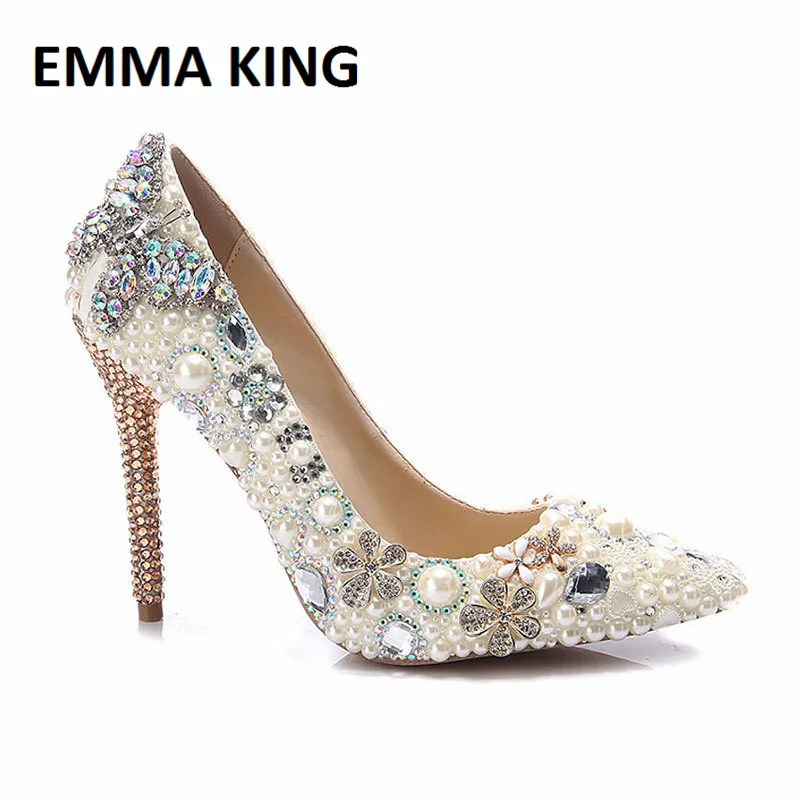 

EMMA KING 2019 Wedding Shoes Female White Drill Rhinestone Pearl Shoes Stiletto Pointed Bridal Shoes Fashion High Heel Shoes
