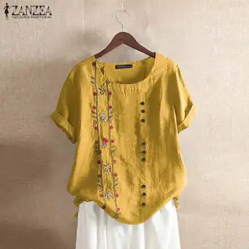 

Summer Shirts ZANZEA Floral Embroidery Tunic Tops Women Casual Short Sleeve Blusas Vintage Cotton Loose Blouse Female Chemise