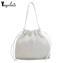 Роскошная черная кожаная сумка на шнурке с бриллиантами, повседневные клатчи для женщин, кожаные стразы вечерние сумочки на ремешке