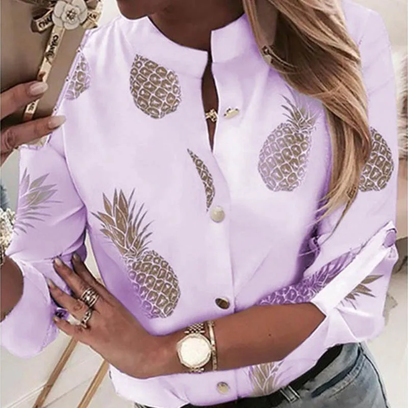 Elsvios Для женщин цепи с принтом ананаса блузка Осень длинный рукав; пуговицы блузки рубашка элегантные пикантные V образным вырезом офисные женские топы, блузы - Цвет: Pineapple Purple