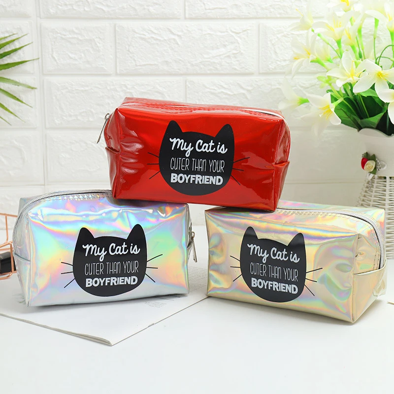 

Fashion Laser Animal Cat Makeup Bag Portable Cosmetic Organizer Make Up Case Zipper Travel Storage Pouch Women Girl Wash Box
