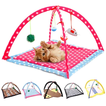 

Hot Pet Kitten Cat Soft Fleece Folding Toy Mat Bed Tent with Hanging Mouse Doll Bell Ball Multi Pattern