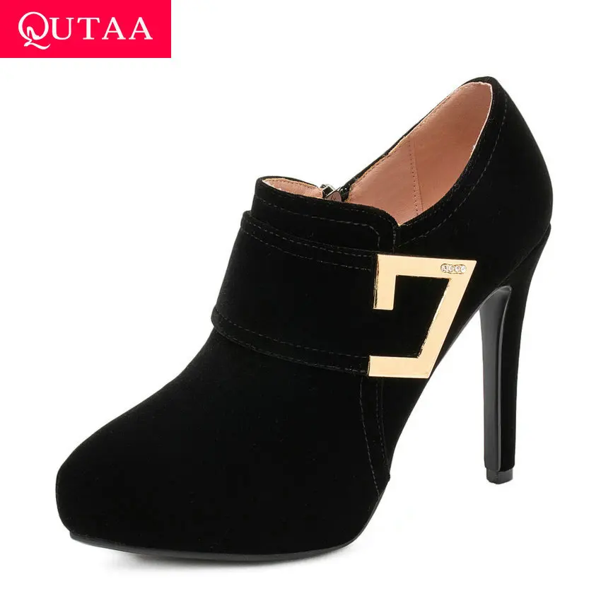 

QUTAA 2020 Metal Crystal Buckle Thin High Heel Zipper Ankle Boots Flock Pointed Toe Platform Winter Ladies Shoes Big Size 34-43