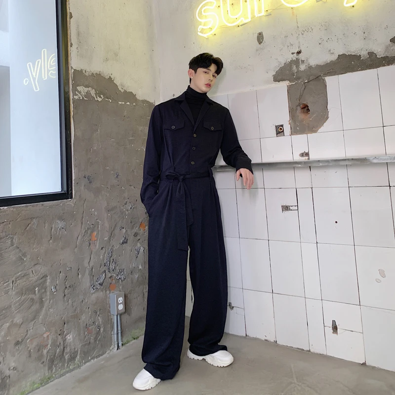 Men Long Sleeve Loose Wide Leg Pants with Belt Overalls Male Vintage Streetwear Hip Hop Casual Harem Trousers Jumpsuit Pant