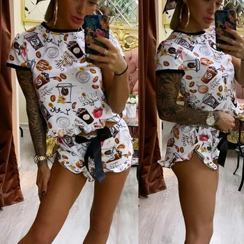 

Casual Fashion Printing Plus Size 2 Piece Set Mujer Summer O-neck Short Sleeve Shorts Suit Two Piece Set Pajamas Womens Sets