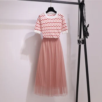 

Sweet Pink Two Piece Set Elegant Wave Striped Knitted Pullover Top + Mesh Pleated Long Skirts Suits Summer 2 Piece Set Outfits