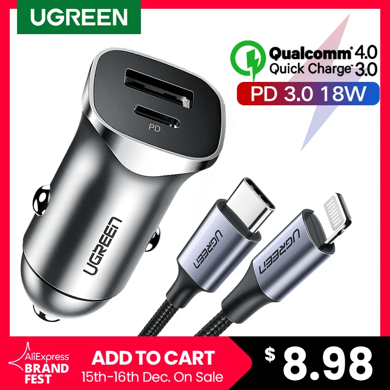  Ugreen Быстрая зарядка 4,0 3,0 QC USB Автомобильное зарядное устройство для Xiaomi QC4.0 QC3.0 18 Вт USB C PD автомобильная зарядка для huawei samsung зарядное уст…