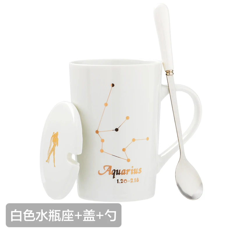 12 Constellations Creative Ceramic Mugs with Spoon Lid Black and Gold Porcelain Zodiac Milk Coffee Cup 420ML Water Drinkware - Цвет: 23