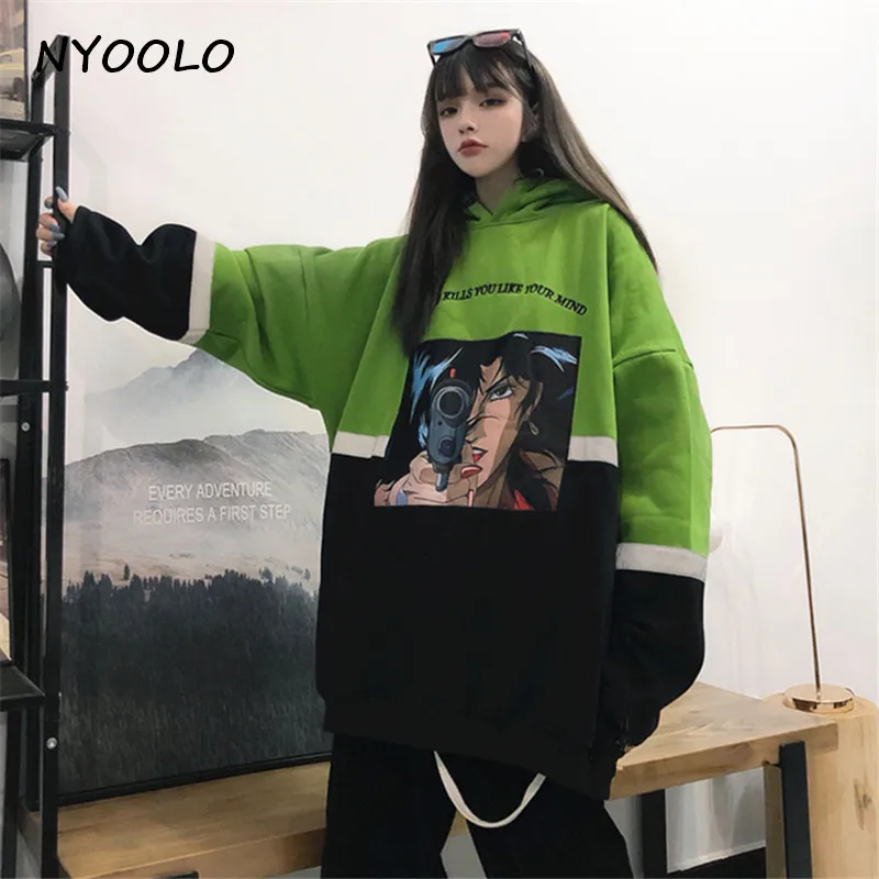 NYOOLO Harajuku уличные комиксы патч Светоотражающие Лоскутные теплые толстовки осень зима с капюшоном пуловеры утолщенная Толстовка Женский Топ