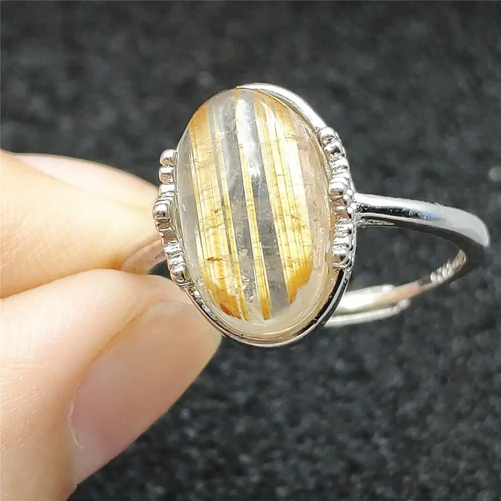 

Top Natural Gold Rutilated Quartz Adjustable Ring Stone Crystal 13x10mm 925 Silver Woman Man Party AAAAA Rings Jewelry