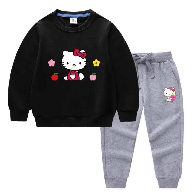 Hello kitty primavera y otoño nuevos niños usan pantalones de suéter para niños conjunto de dos piezas conjunto de manga larga de algodón sólido para bebé