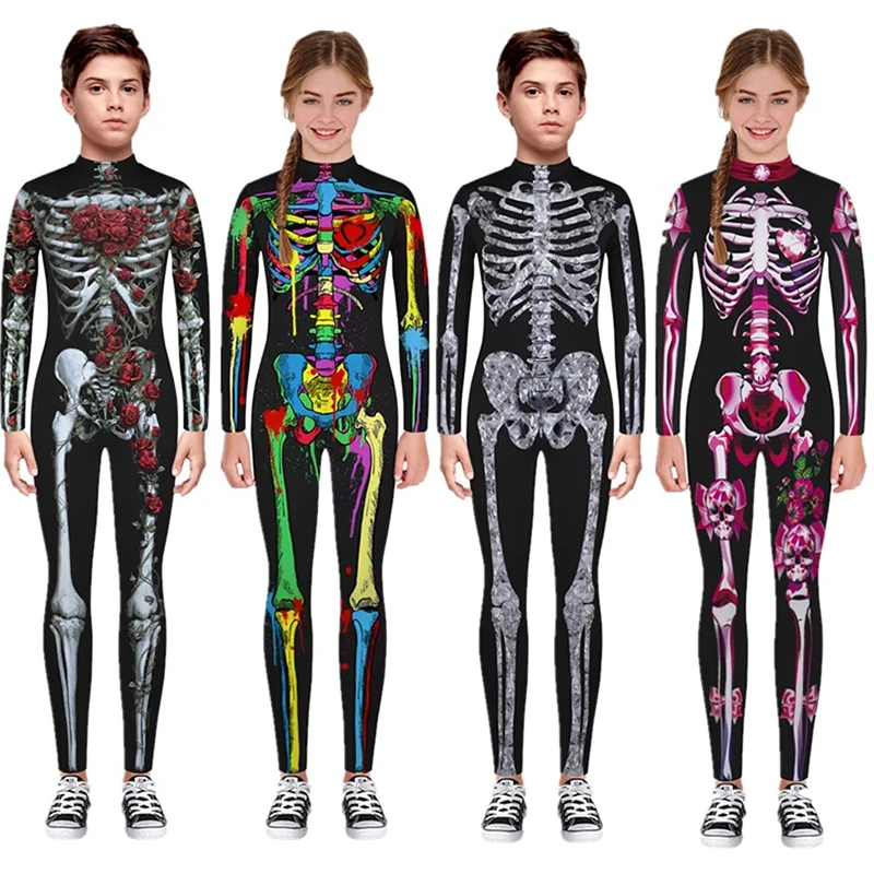 

New Halloween children Scary Cosplay costumes kids skeleton bodysuit 3D print carnival party clothing skull dress jumpsuits S-XL