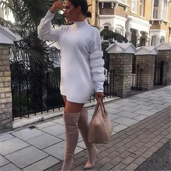 

Women Faux Fur Patchwork White Casual Winter Hoodies Solid O Neck Wrap Loose Mini A-Line Sweatshirt