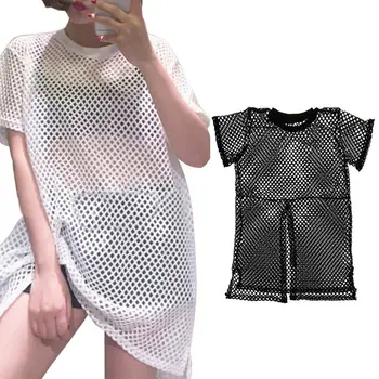 

Womens Sexy See Through Mesh T-Shirt Dress Short Sleeve Crochet Hollow Out Fishnet Swimsuit Cover Up Side Split Oversized Pullov