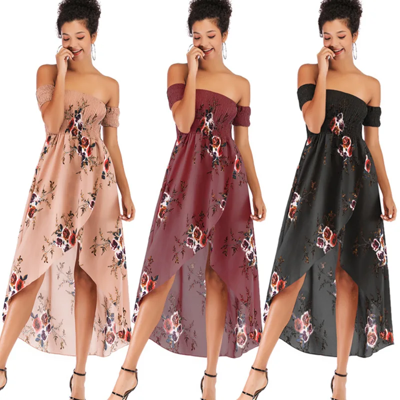 

Hot Selling Europe And America WOMEN'S Dress 2020 Spring-off-Shoulder Skirt Printed Chiffon Dress Women's