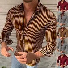 Полосатая свободная Однотонная рубашка с принтом модная повседневная брендовая блузка приталенная пляжная ретрорубашка Мужская рубашка с длинными рукавами мужской верх