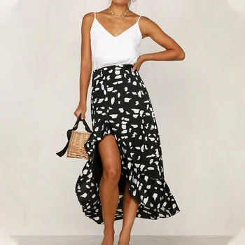 

Boho Printed Ruffle Women's Split Skirt Irregular Dot High Waist Bodycon Skirts Women 2020 Spring Summer Fashion Ladies Bottoms