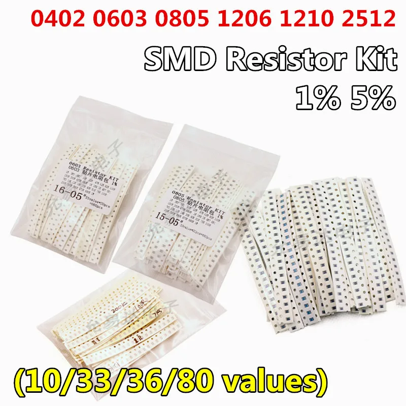 200PCS 660PCS 720PCS 4000PCS 0402 0603 0805 1206 1210 2512 SMD Resistor Kit 1% 5% Assorted bag 10K 100K 1K 1R 100R 220R 10R 4.7 660pcs smd resistor kit 1% 0603 0805 1206 1r 1mr resistor 33values chip resistance assorted set