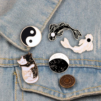 

Yin yang Animal Pins koi fish Enamel Pins lucky Hugging Cats Badge Brooch Constellation Moon lapel Pins Coat Button Jewelry Male