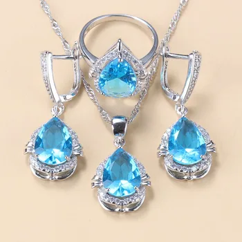 

New Fashion 925 Silver Jewelry Sets Women Accessories Sky Blue Cubic Zirconia Earrings And Necklace Ring -Piece Sets For Women