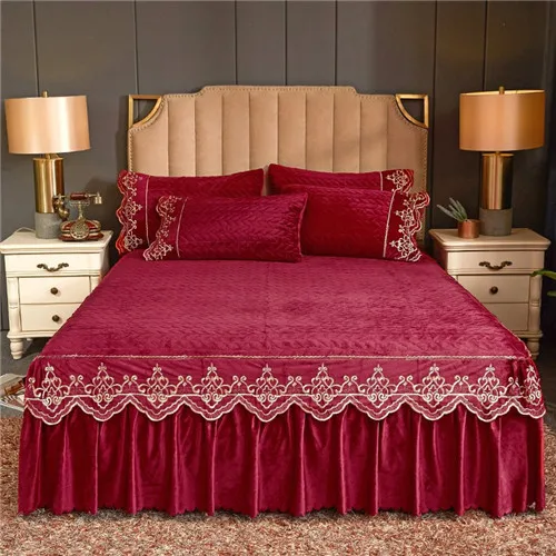 winered red Темно-зеленое постельное белье принцессы, юбка для кровати, вельветовое плотное теплое кружевное постельное белье, Европейский наматрасник, покрывало, полный размер King queen - Цвет: winered red