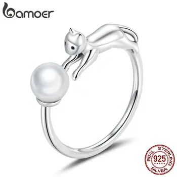 

bamoer Real Silver 925 Rings Naughty Cat with Ball Open Finger Rings for Women Shell Pearl Free Size Silver OOTD Jewelry GXR683
