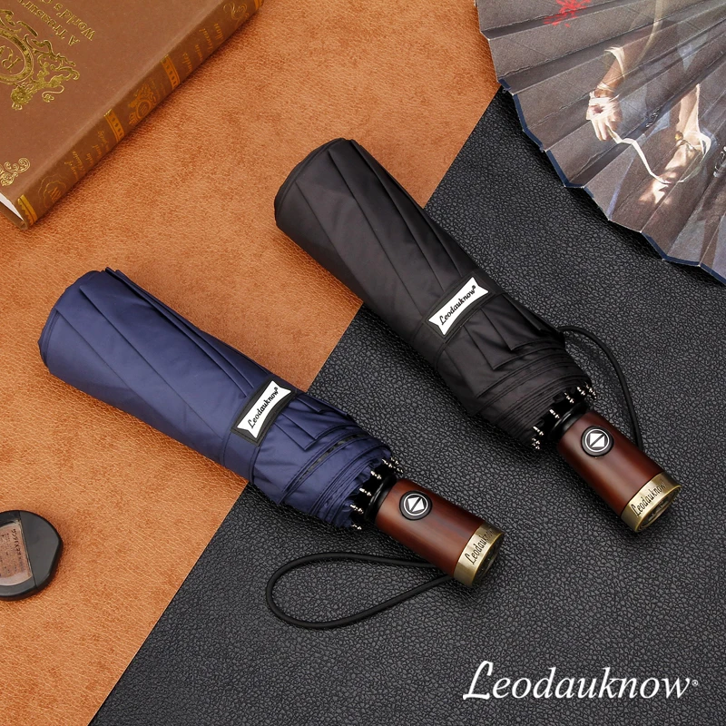 Windproof Business Umbrella Leodauknow Fully Automatic Three Folding Solid Wood Handle Metal Men's Sunny and Rainy
