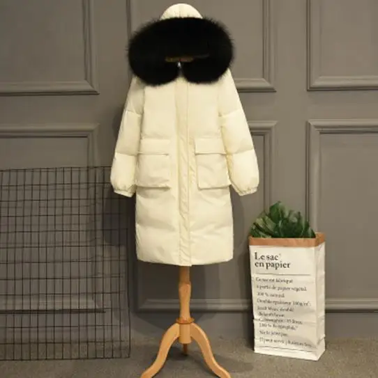 White Black Fur Зимняя женская белая куртка-пуховик на утином пуху, теплая Толстая длинная парка с капюшоном и большим воротником из натурального меха, верхняя одежда, свободное Женское пальто RH01058 - Цвет: White Black Fur