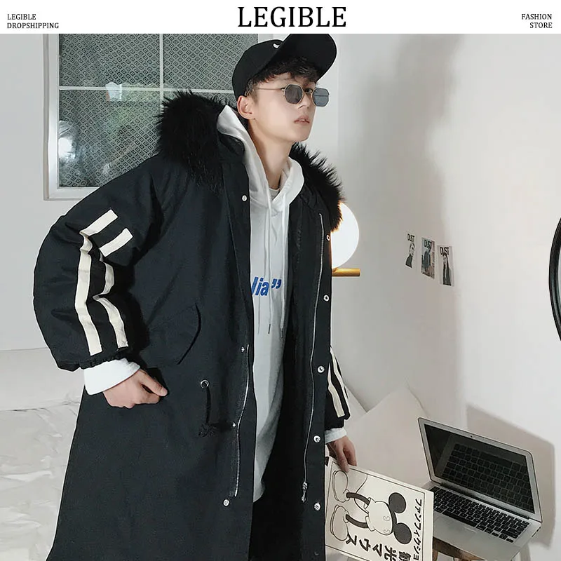 

LEGIBLE 2019 Cargo Parka Men Coats Winter Jacket Men Thicken Fur Hooded Outwear Warm Coat Casual Medium-length Mens Coat