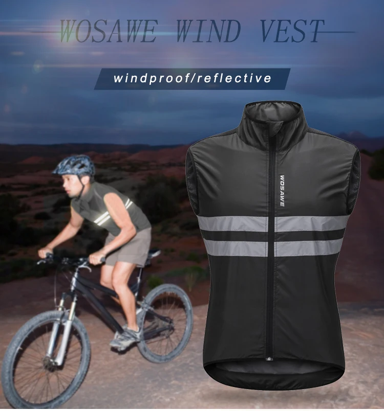 WOSAWE Reflective Cycling Vest Windproof MTB Road Bike Sleeveless Jersey Top Cycle Gilet Wind Coat
