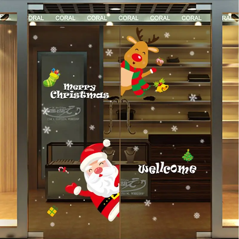Pegatinas de Navidad с мультяшными принтами para escaparate de Вентана extraíble Санта Клаус muñeco de nieve decoración del женщины в китайском стиле a