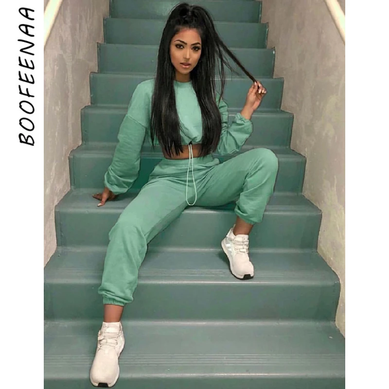 BOOFEENAA Fitness Tracksuit Trendy Clothes for Women Outfits 2 Piece Pants Sets Streetwear Sweat Suits Pink Twinset C97-BA04 |