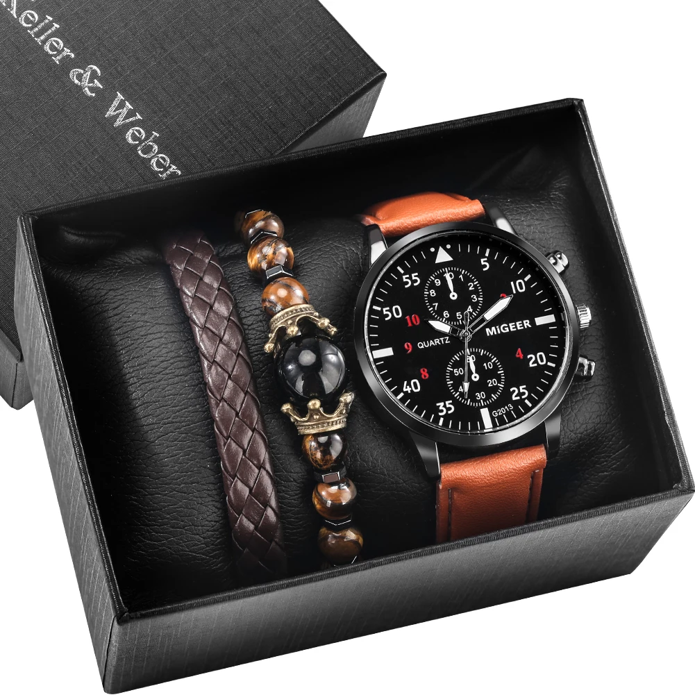 

3PCS Set Men's Wrist Watches Braided Bracelet Gift Set with Box Fashion Simple Dial Leather Strap Casual Business Quartz Watch