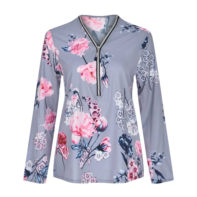 WENYUJH Осенние Топы для женщин Повседневная рубашка с v-образным вырезом Женская блузка на молнии спереди свободное с цветочным принтом туника рубашка Camisa Feminin