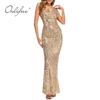 

Ordifree 2020 Summer Women Maxi Party Dress Sexy Backless Bodycon Gold Sequin Long Dress